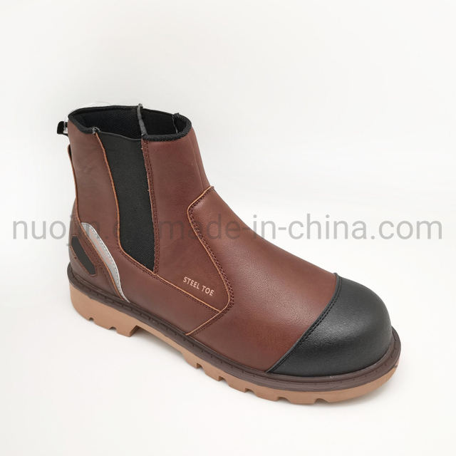 Bottes de travail en cuir marron en gros, bottes de sécurité à enfiler avec élastique latéral, vente en gros