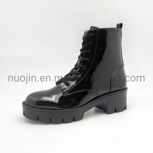 Chaussures en cuir synthétique polyuréthane à lacets pour femme, bottes plates en cuir synthétique, tendance à la mode, hiver 2022
